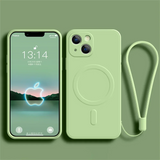 Green iPhone with matching case and wrist strap.