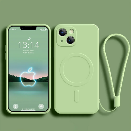 Green iPhone with matching case and wrist strap.