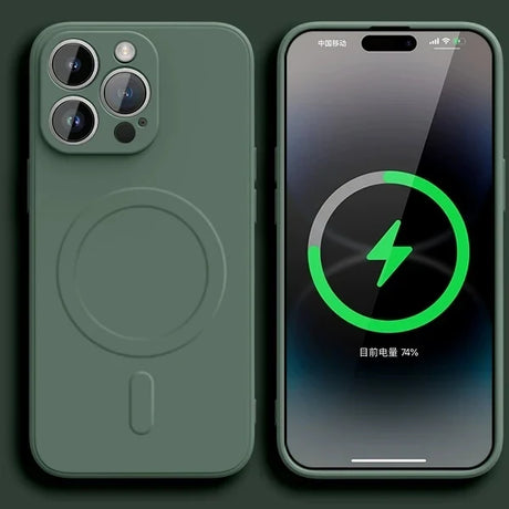 Green iPhone with MagSafe charging case displaying battery charging status on screen.