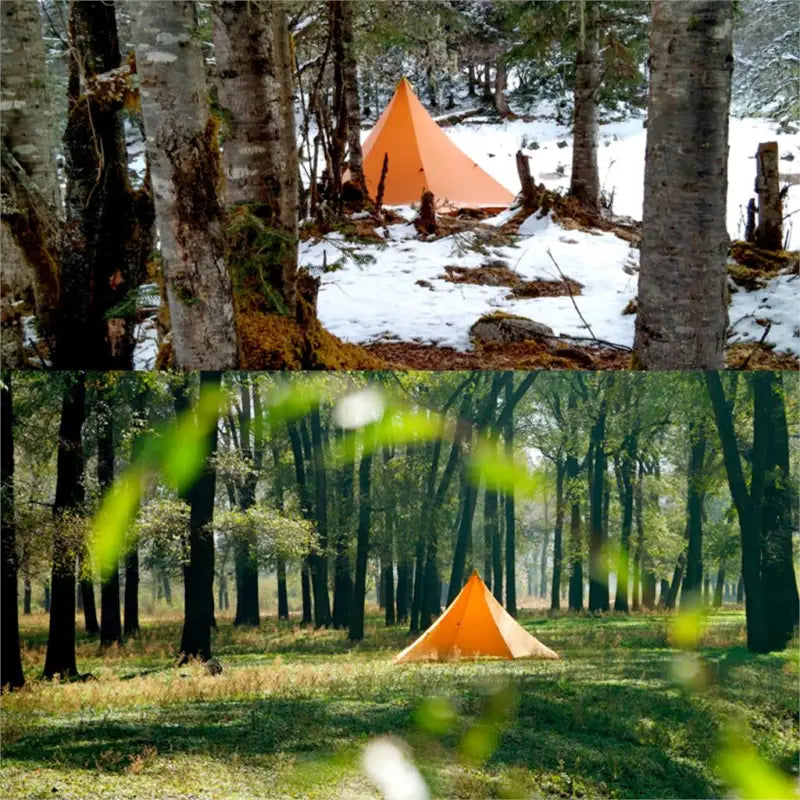 a tent in the woods with snow on the ground