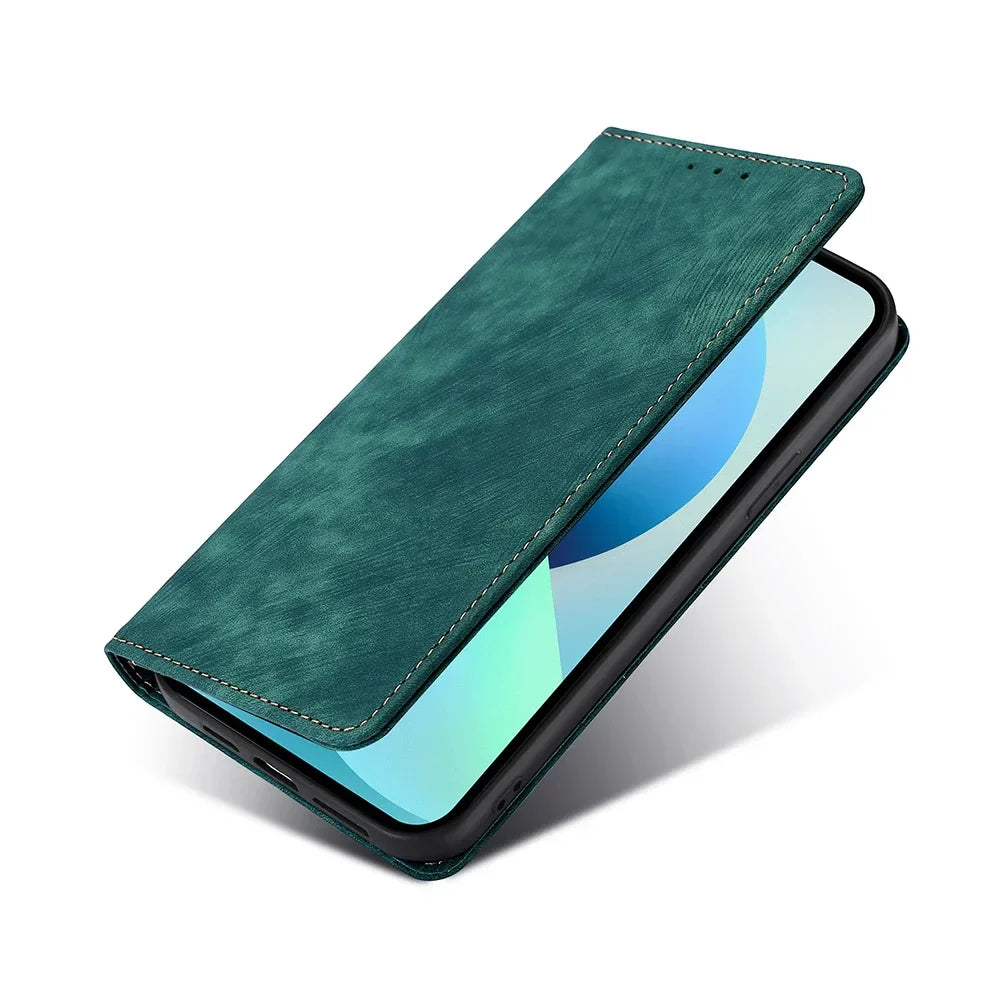 the back of a green leather case with a blue leather cover