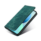 the back of a green leather case with a blue leather cover