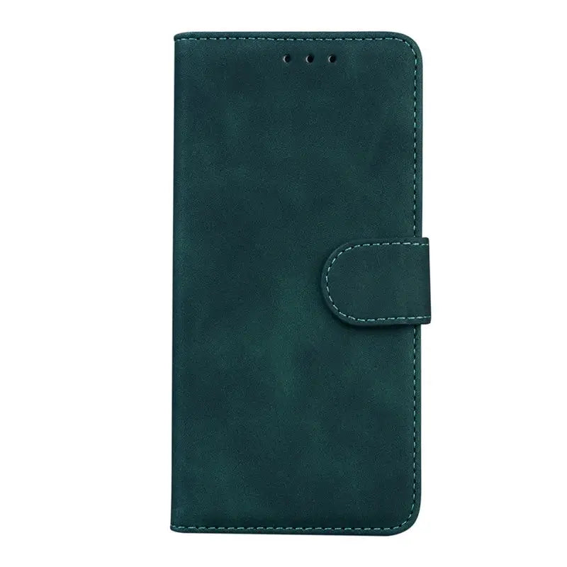 the back of a green leather case with a leather wallet