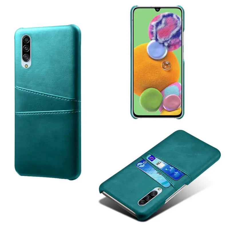 the back and front view of the phone case with a green leather cover