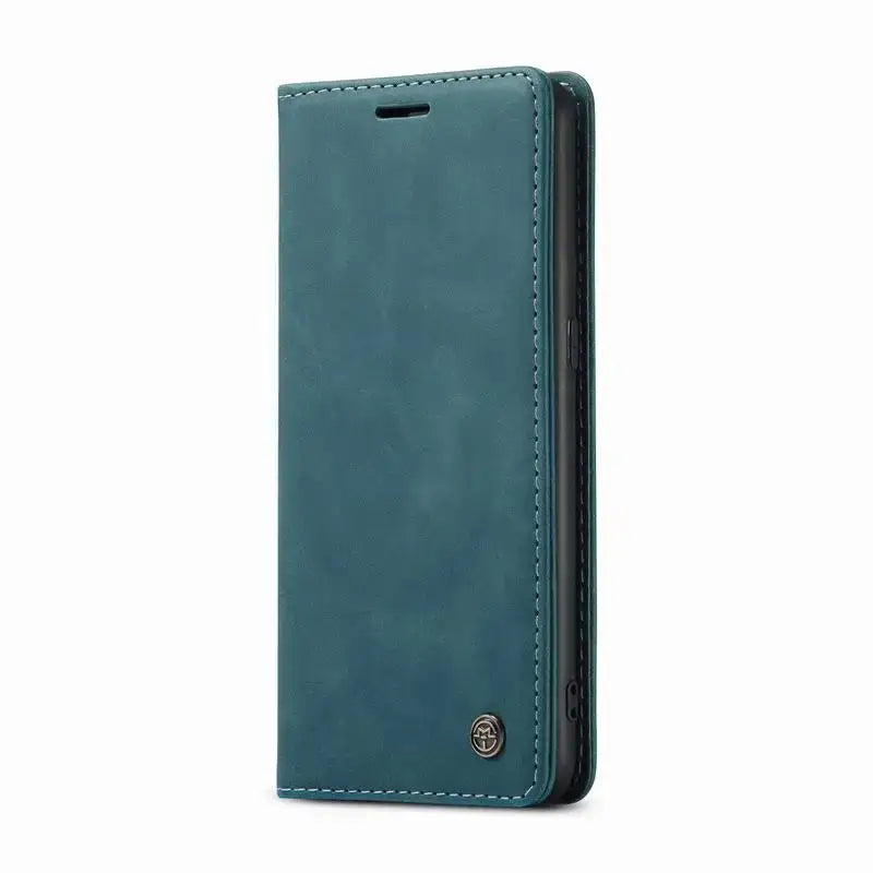 the back of a green leather iphone case