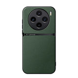 Green leather smartphone case with a circular camera cutout for multiple lenses.