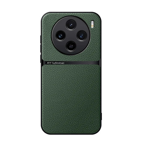 Green leather smartphone case with a circular camera cutout for multiple lenses.