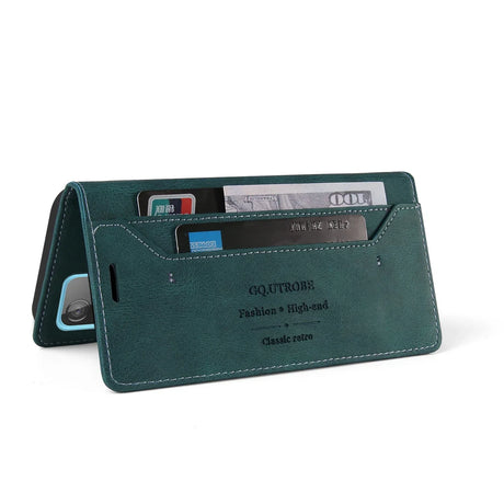 Green leather wallet or cardholder with multiple slots for cards and cash.