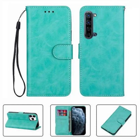 the back of a green leather wallet case with a phone in the front