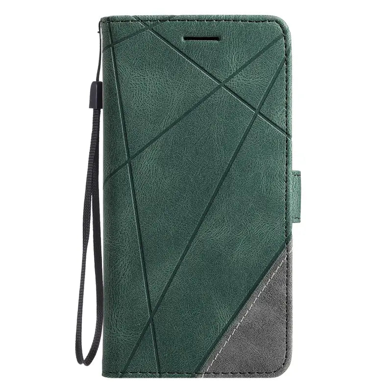 the green leather wallet case with a black leather strap