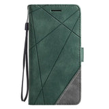 The green leather wallet case with a black leather strap