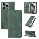 Green leather wallet-style phone case with card slots and a kickstand feature.