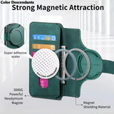 A green magnetic phone wallet case with card slots and an adhesive backing.