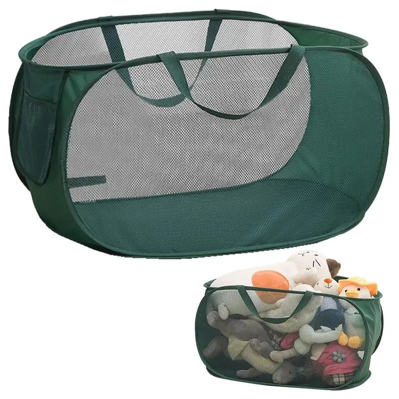 a green mesh bag with stuffed animals inside