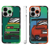 the back and front of a green and orange car phone case
