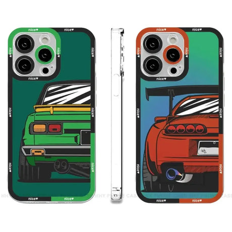 The back and front of a green and orange car phone case