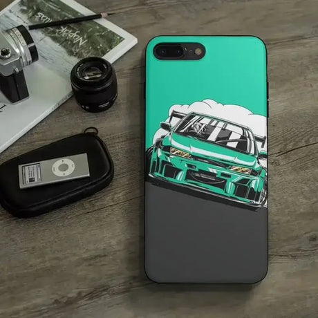 A green phone case with a car on it