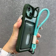 Green phone case with card holder and turquoise wrist strap.