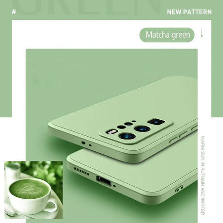 a green iphone case with a cup of coffee