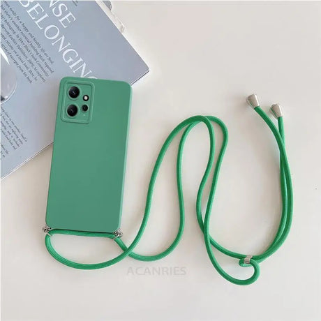 There is a green phone case with a green cord attached to it