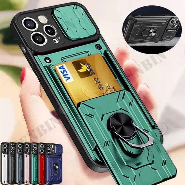 a green phone case with a credit card holder