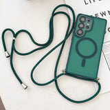 Green phone case with crossbody strap.