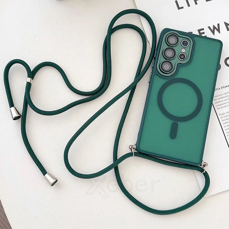 Green phone case with crossbody strap.