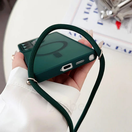 Green phone case with a crossbody strap.