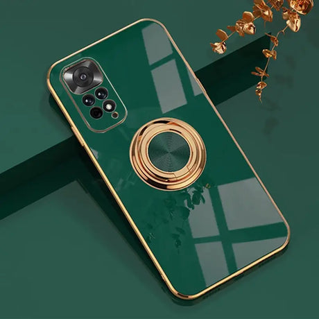 a green phone case with a gold ring