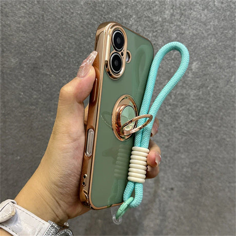 Green phone case with gold trim and turquoise lanyard.