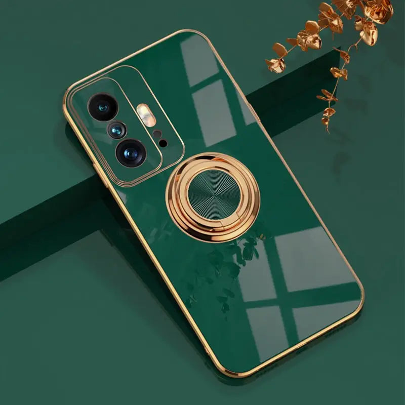 a green phone case with a gold ring