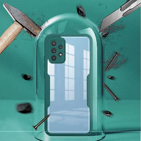 a green phone case with a hammer and a hammer