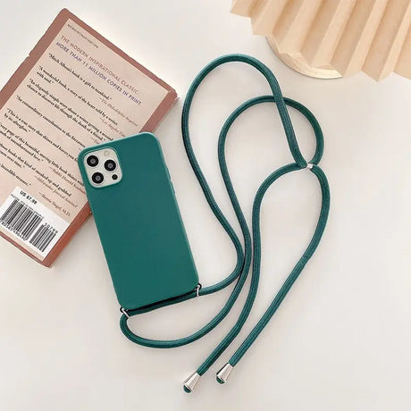 there is a green phone case with a lanyard attached to it