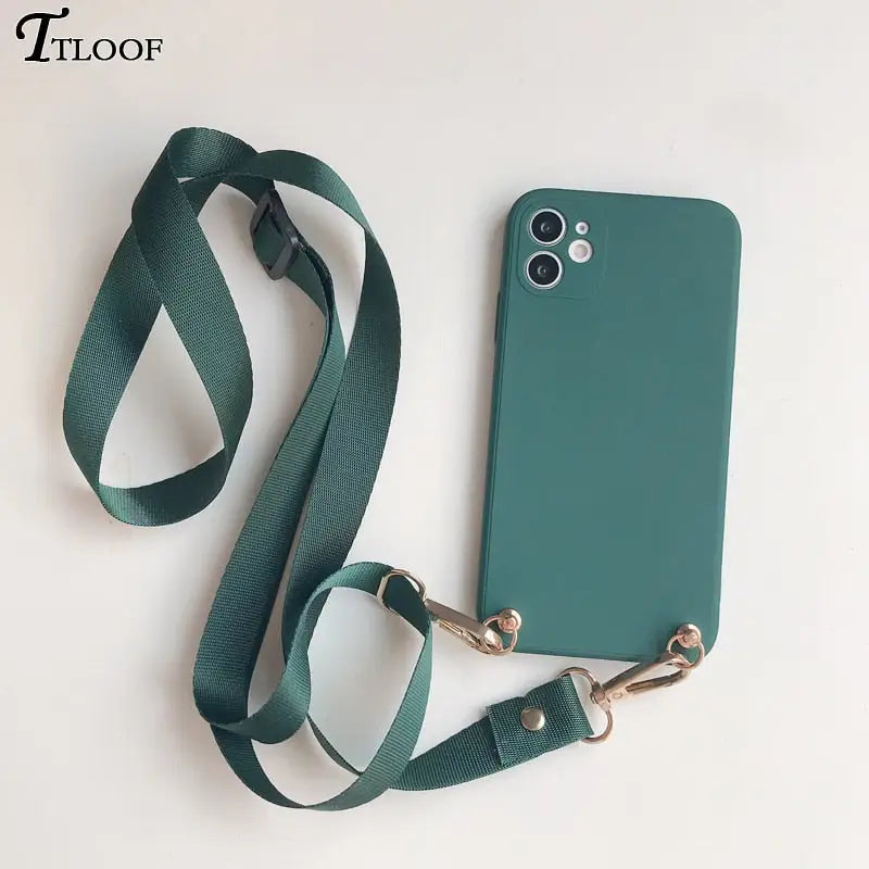a close up of a green phone case with a lanyard