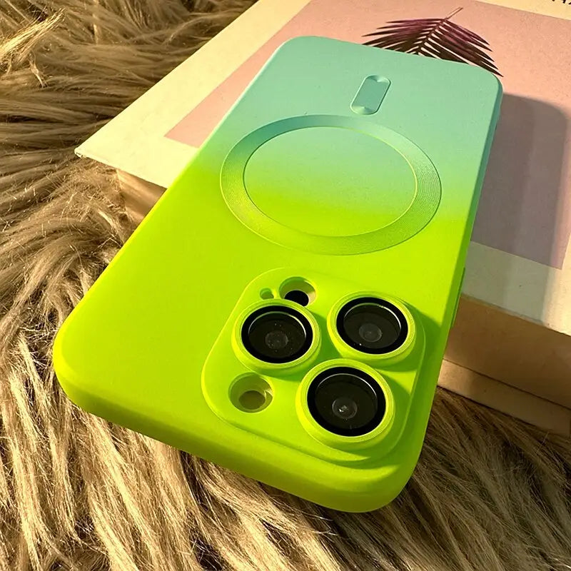 a green phone case with two lenses on it