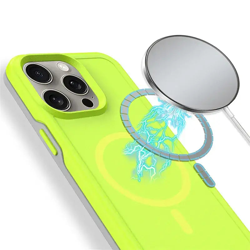 a green phone case with a mirror and a cell