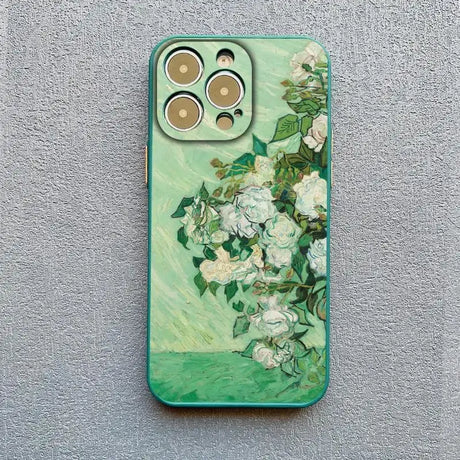 A green phone case with white flowers on it