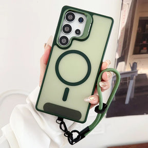 Green phone case with wrist strap.