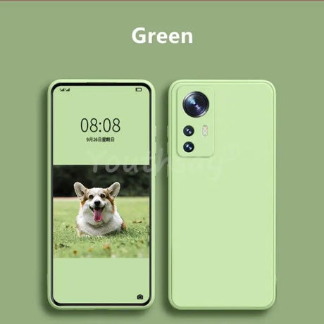 A green phone with a dog on it