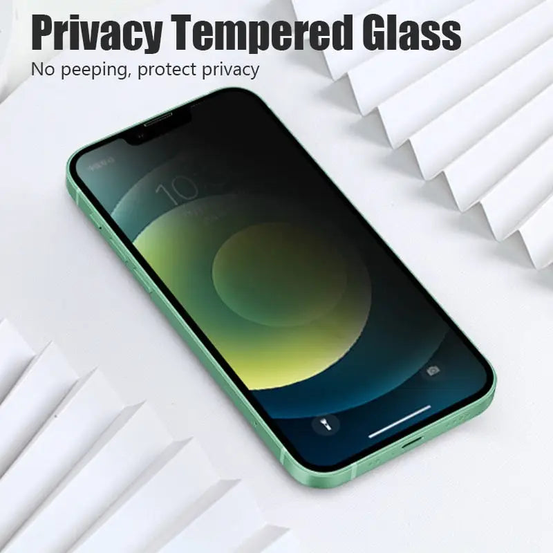 a green phone with the text privacy tempered glass