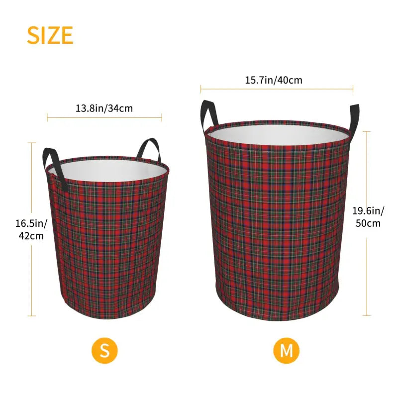 a red and black plaid fabric laundry basket with handles