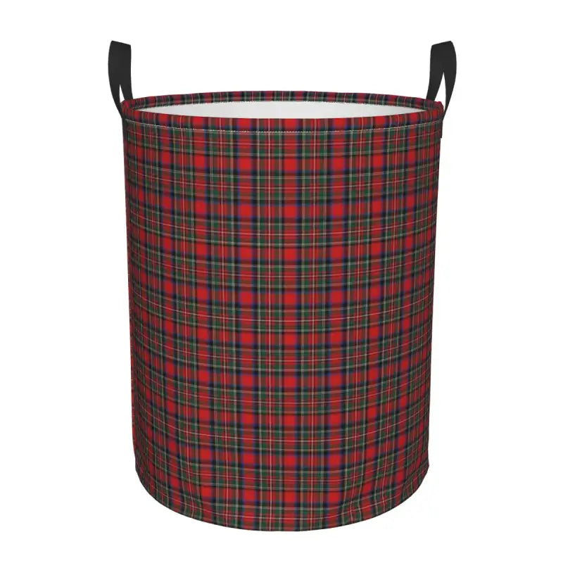 a red and green plaid fabric laundry basket