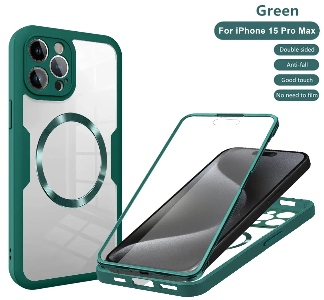 Green protective case for iPhone 15 Pro Max with a clear back and magnetic ring.