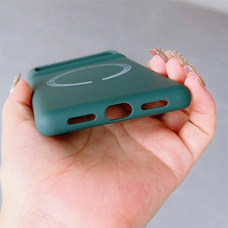 Green protective case for a mobile device with cutouts for buttons and ports.