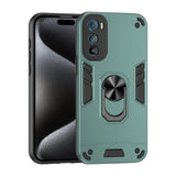A green rugged phone case with a kickstand ring, showcasing a phone with a black screen.