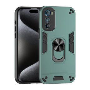 A green rugged phone case with a kickstand ring, showcasing a phone with a black screen.