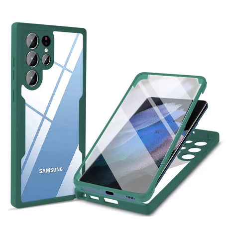 The back of a green samsung phone case