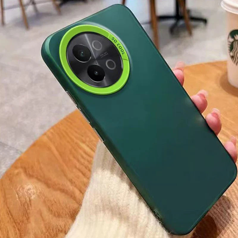 Green smartphone case with a bright lime-green ring around the camera lenses.