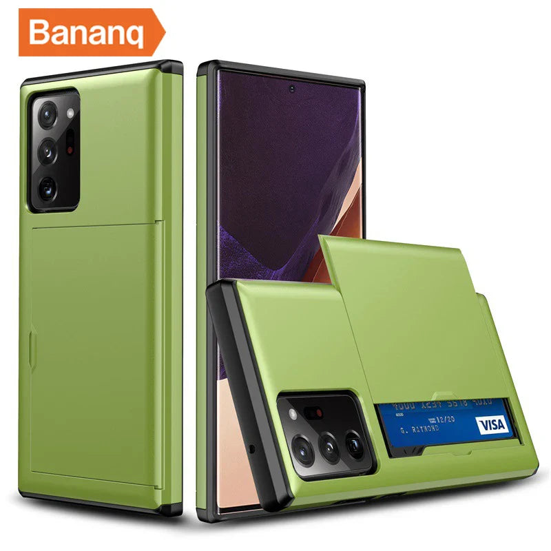 Green smartphone case with a built-in card slot for storing a credit card.