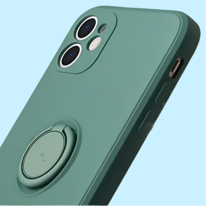 Green smartphone case with a built-in ring holder and dual camera cutout.